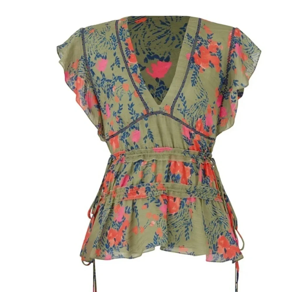 Tanya Taylor “Antia” silk floral green, red and blue v-neck blouse. Size 2 - Picture 3 of 8